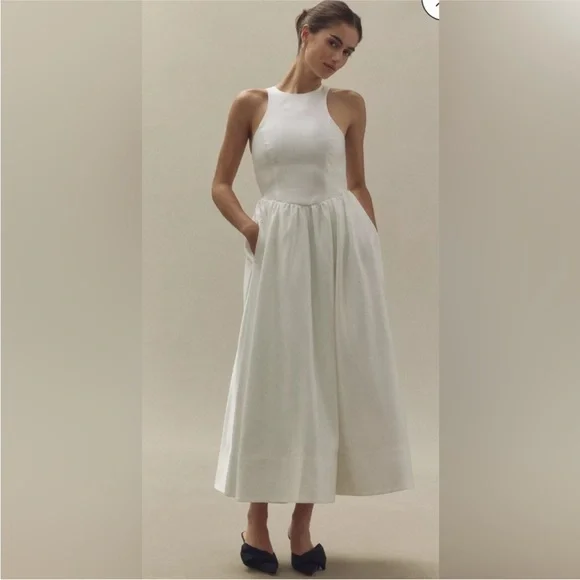 NWT BHLDN Anthropologie High Neck Satin Duchess A-Line Midi Dress - Picture 1 of 15